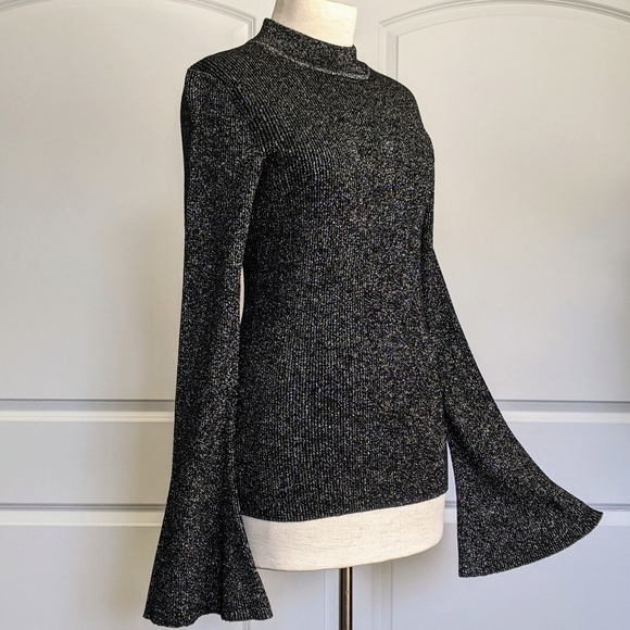 DVF Mock Neck Metallic Knit Ribbed Wool Blend Bell Sleeves Black Silver L NWT - Picture 1 of 13